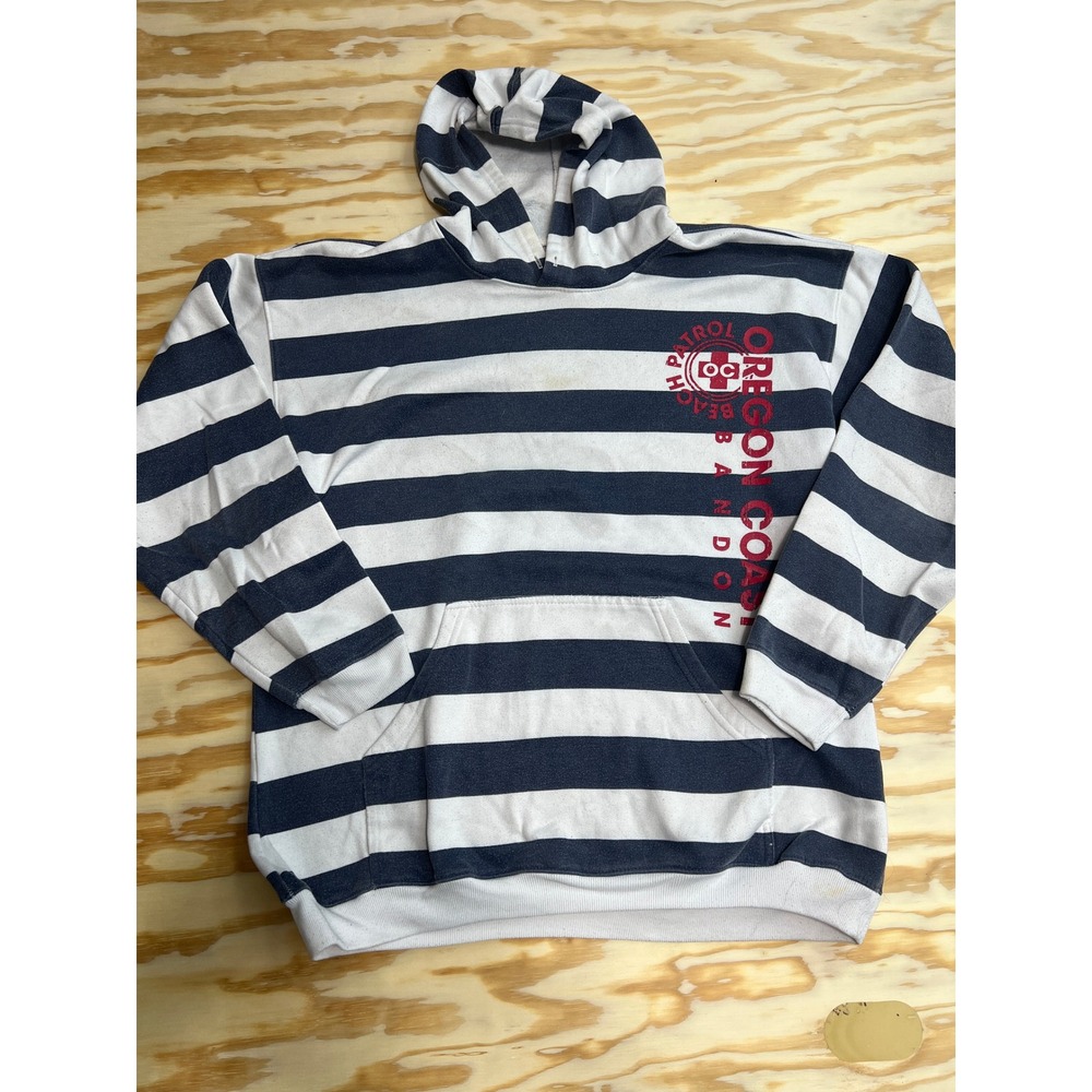 Vintage Oregon Coast Beach Patrol Bandon Striped Hoodie Navy White Large